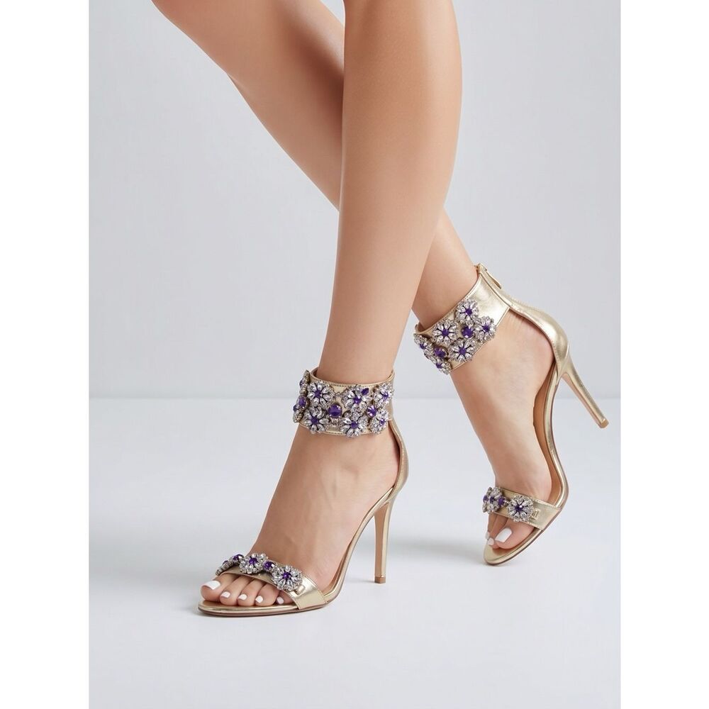 Elegant Gold Rhinestone Embellished Women's Heels Size 37 EUC - Picture 2 of 9